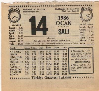 14 Ocak 1986 Takvim Yaprağı EFM(N)5032 - 1