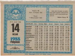 14 Ocak 1988 Takvim Yaprağı EFM(N)4908 - Gökçekoleksiyon