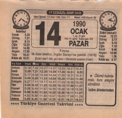 14 Ocak 1990 Takvim Yaprağı EFM(N)4691 - Gökçekoleksiyon