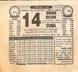 14 Ocak 2000 Takvim Yaprağı - Doğum Günü Hediyesi EFM(N)13200 - Gökçekoleksiyon