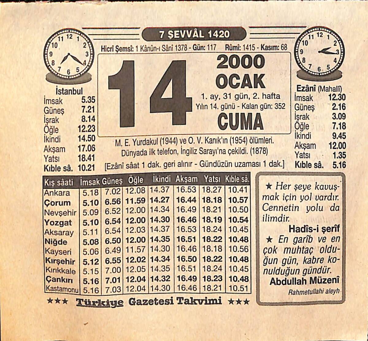 14 Ocak 2000 Takvim Yaprağı - Doğum Günü Hediyesi EFM(N)13200 - 1