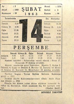 14 Şubat 1963 Takvim Yaprağı - Doğum Günü Hediyesi EFM(N)11297 - 1