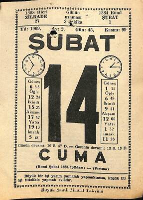 14 Şubat 1969 Takvim Yaprağı - Doğum Günü Hediyesi EFM(N)11018 - 1