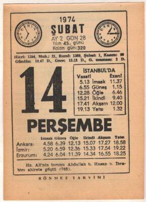 14 Şubat 1974 Takvim Yaprağı EFM(N)5253 - 1