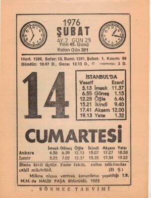 14 Şubat 1976 Takvim Yaprağı EFM(N)5280 - 1