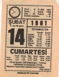 14 Şubat 1981 Takvim Yaprağı EFM(N)5422 - Gökçekoleksiyon