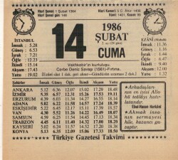 14 Şubat 1986 Takvim Yaprağı EFM(N)5225 - Gökçekoleksiyon