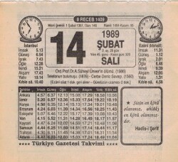 14 Şubat 1989 Takvim Yaprağı EFM(N)5366 - Gökçekoleksiyon