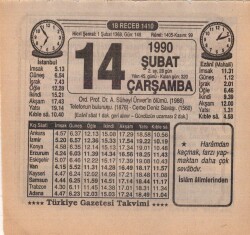 14 Şubat 1990 Takvim Yaprağı EFM(N)5197 - Gökçekoleksiyon