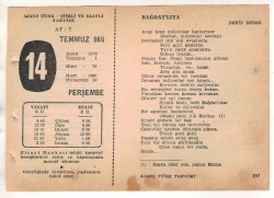 14 Temmuz 1960 Ajans Türk Takvim Yaprağı (Şiirli Saatli) EFM(N)1661 - 2