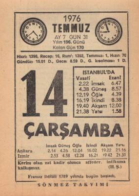 14 Temmuz 1976 Takvim Yaprağı EFM(N)1996 - 1