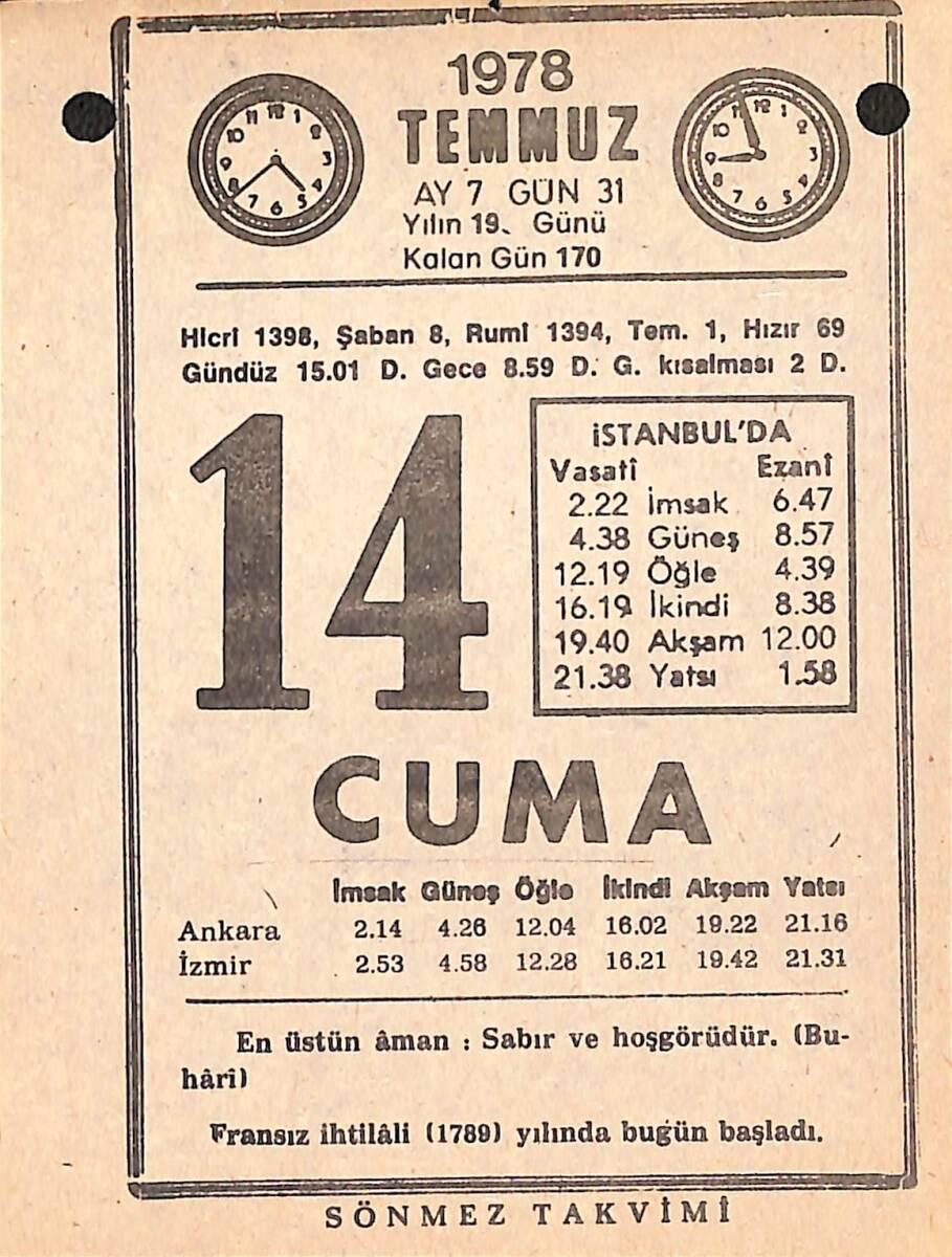 14 Temmuz 1978 Takvim Yaprağı - Doğum Günü Hediyesi EFMN15439 - 1