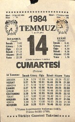 14 Temmuz 1984 Takvim Yaprağı - Doğum Günü Hediyesi EFM(N)11524 - Gökçekoleksiyon