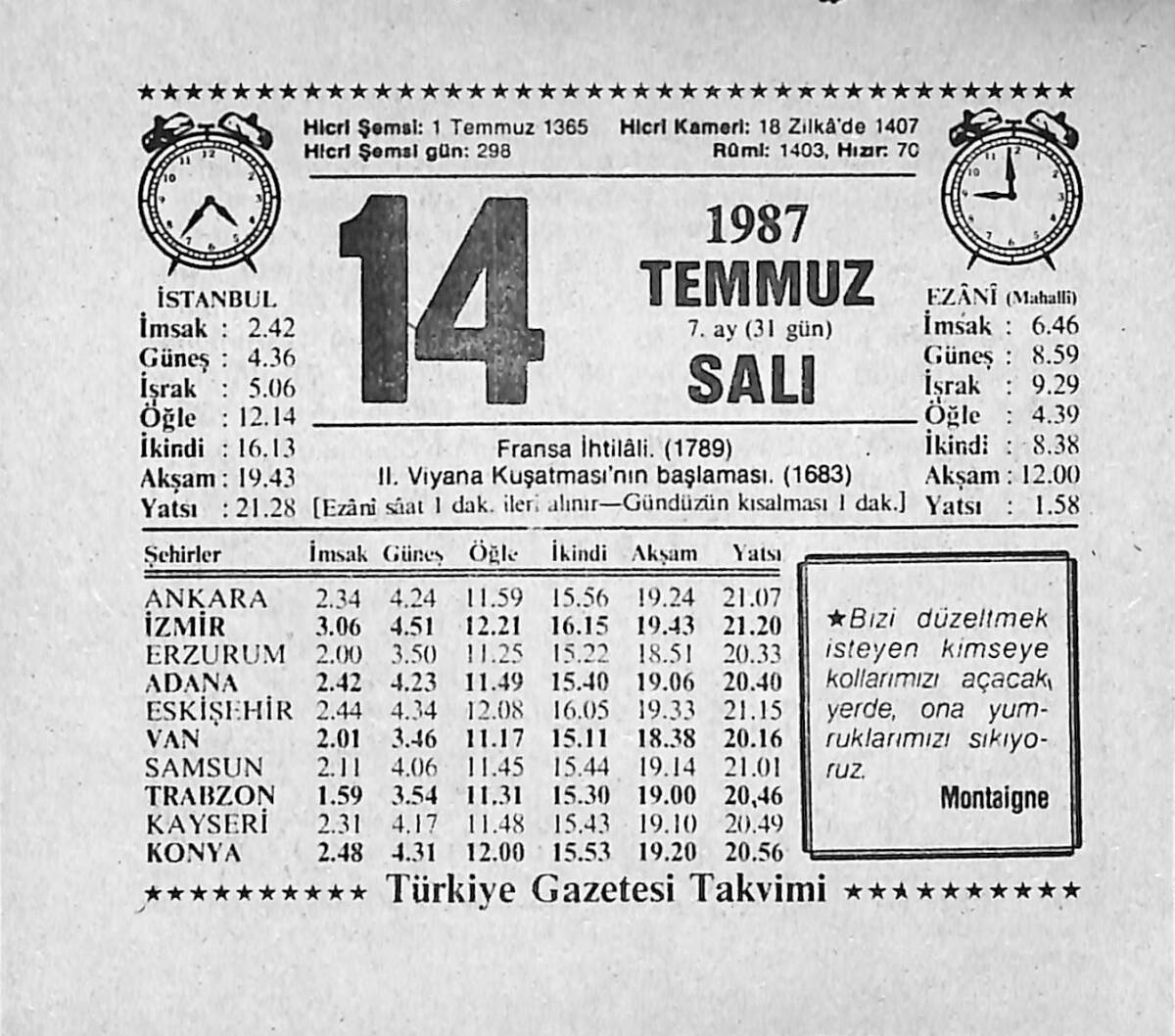 14 Temmuz 1987 Takvim Yaprağı - Doğum Günü Hediyesi EFMN13826 - 1