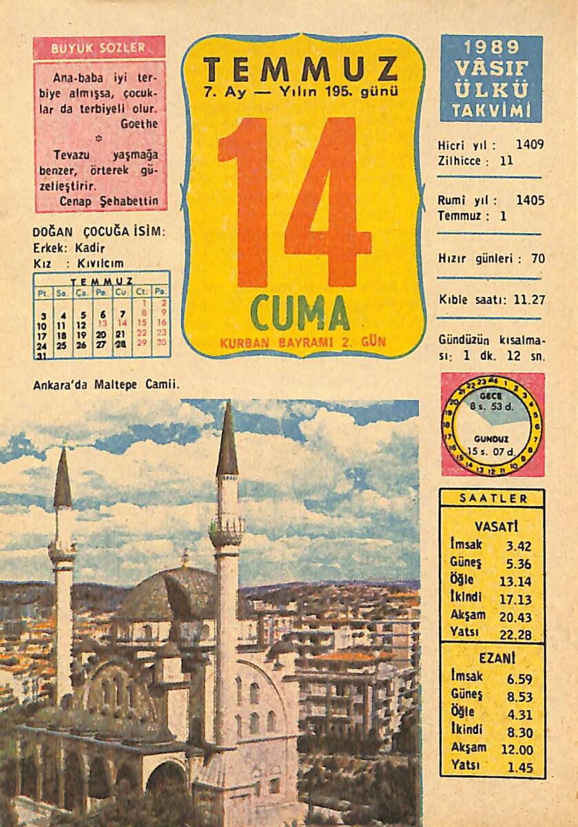 14 Temmuz 1989 Takvim Yaprağı - Doğum Günü Hediyesi EFMN13892 - 1