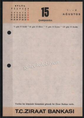 15-16 Ağustos 1973 Ziraat Bankası Takvim Yaprağı EFM625 - 1