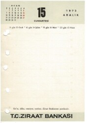 15 - 16 Aralık 1973 Ziraat Bankası Masa Takvimi Takvim Yaprağı EFM1299 - 1