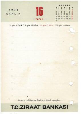 15 - 16 Aralık 1973 Ziraat Bankası Masa Takvimi Takvim Yaprağı EFM1299 - 2