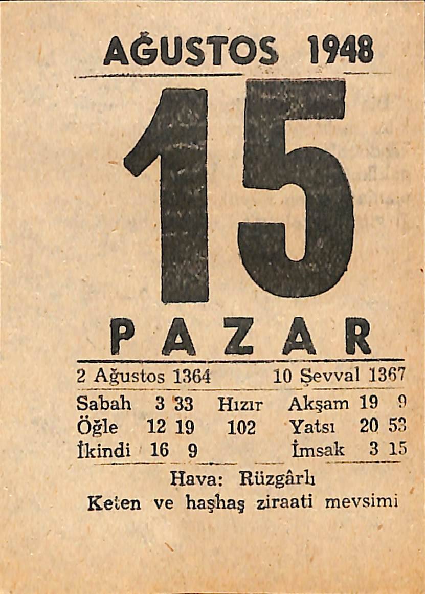 15 Ağustos 1948 Takvim Yaprağı - Doğum Günü Hediyesi EFMN14423 - 1