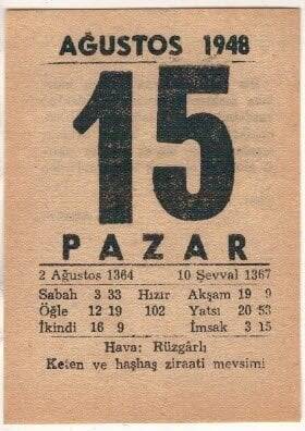 15 Ağustos 1948 Takvim Yaprağı EFM(N)1461 - 3