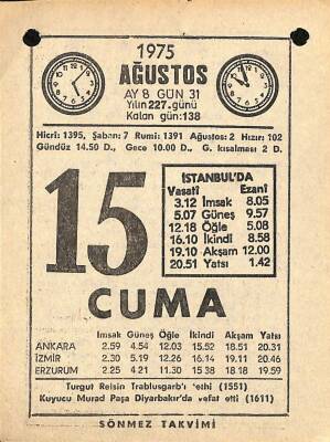 15 Ağustos 1975 Takvim Yaprağı - Doğum Günü Hediyesi EFM(N)9651 - 2