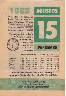 15 Ağustos 1985 Takvim Yaprağı EFM(N)2381 - 2