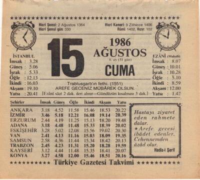 15 Ağustos 1986 Takvim Yaprağı EFM(N)2382 - 2