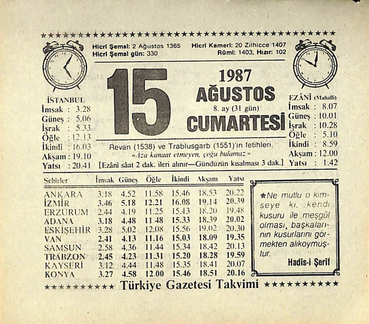 15 Ağustos 1987 Takvim Yaprağı - Doğum Günü Hediyesi EFMN13858 - 1