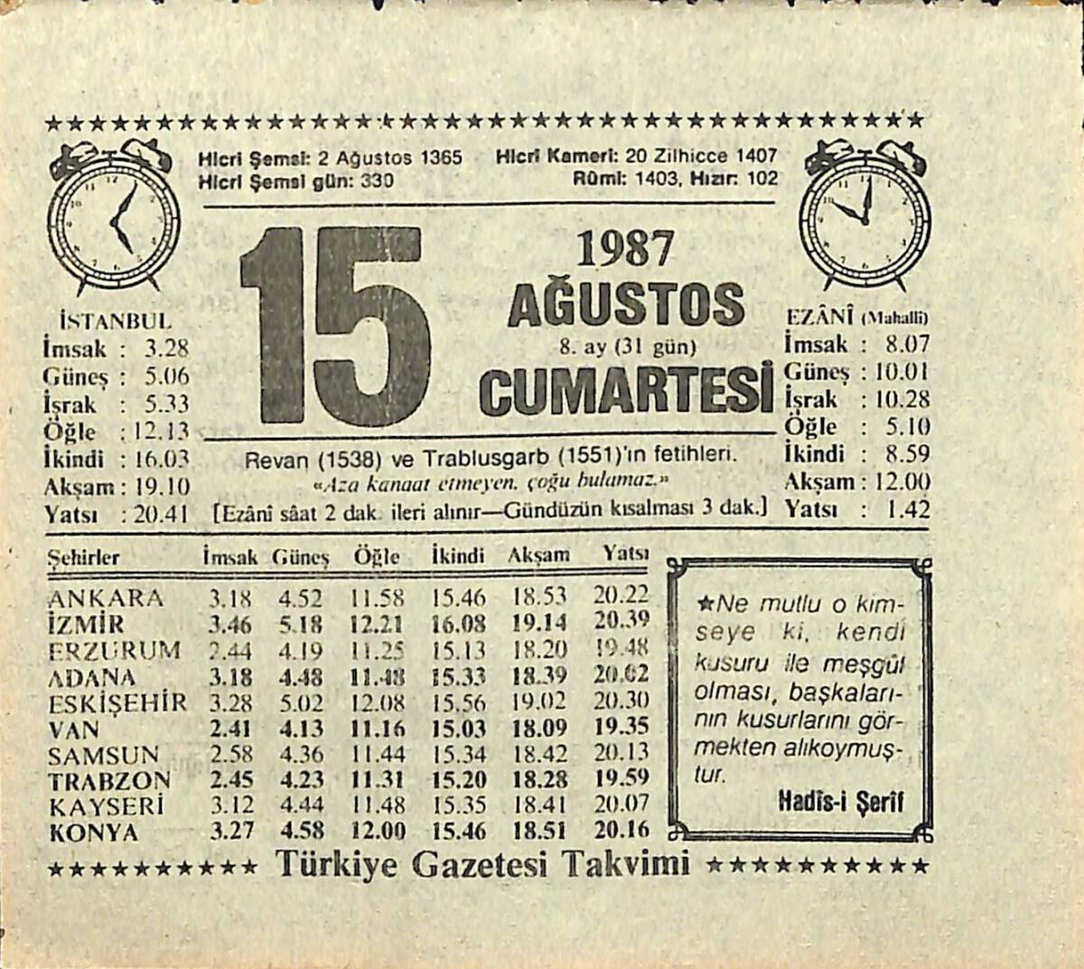 15 Ağustos 1987 Takvim Yaprağı - Doğum Günü Hediyesi EFMN13919 - 1
