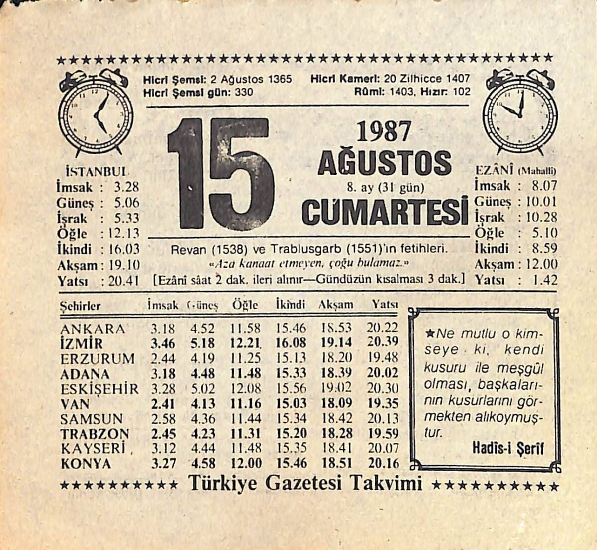 15 Ağustos 1987 Takvim Yaprağı - Doğum Günü Hediyesi EFMN15867 - 1