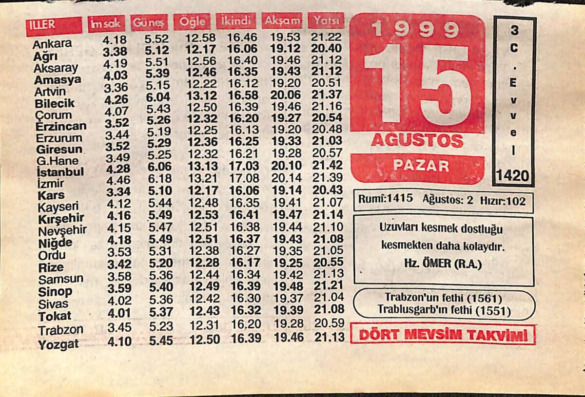 15 Ağustos 1999 Takvim Yaprağı - Doğum Günü Hediyesi EFMN14041 - 1