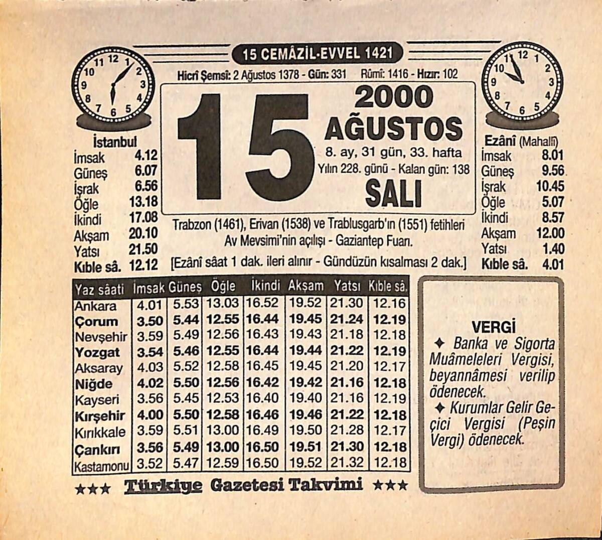 15 Ağustos 2000 Takvim Yaprağı - Doğum Günü Hediyesi EFMN14276 - 1