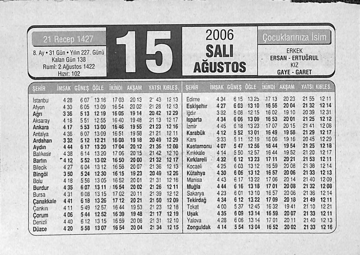 15 Ağustos 2006 Takvim Yaprağı - Doğum Günü Hediyesi EFMN14162 - 1