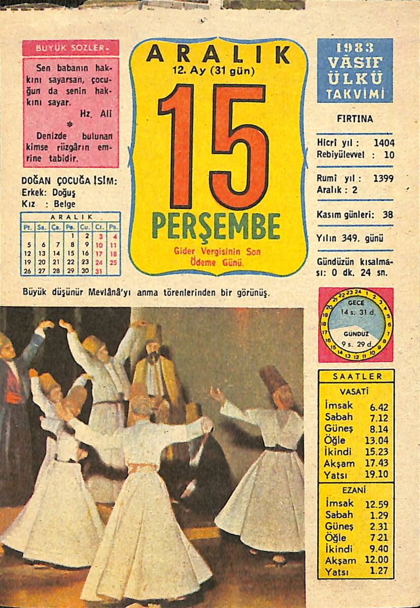 15 Aralık 1983 Takvim Yaprağı - Doğum Günü Hediyesi EFMN13708 - 1