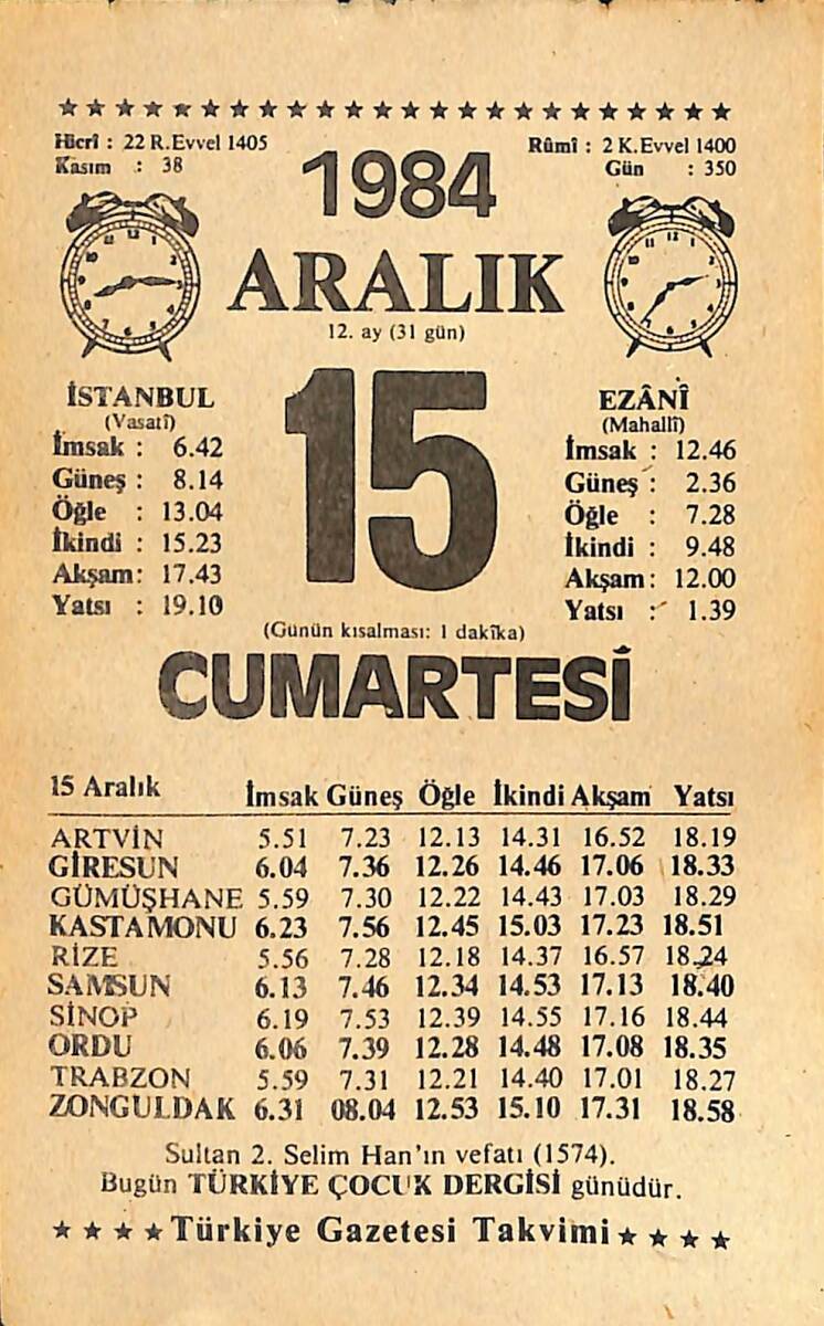 15 Aralık 1984 Takvim Yaprağı - Doğum Günü Hediyesi EFMN14509 - 1