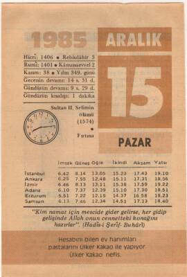 15 Aralık 1985 Takvim Yaprağı EFM(N)4112 - 3
