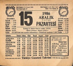 15 Aralık 1986 Takvim Yaprağı - Doğum Günü Hediyesi EFMN14858 - Gökçekoleksiyon