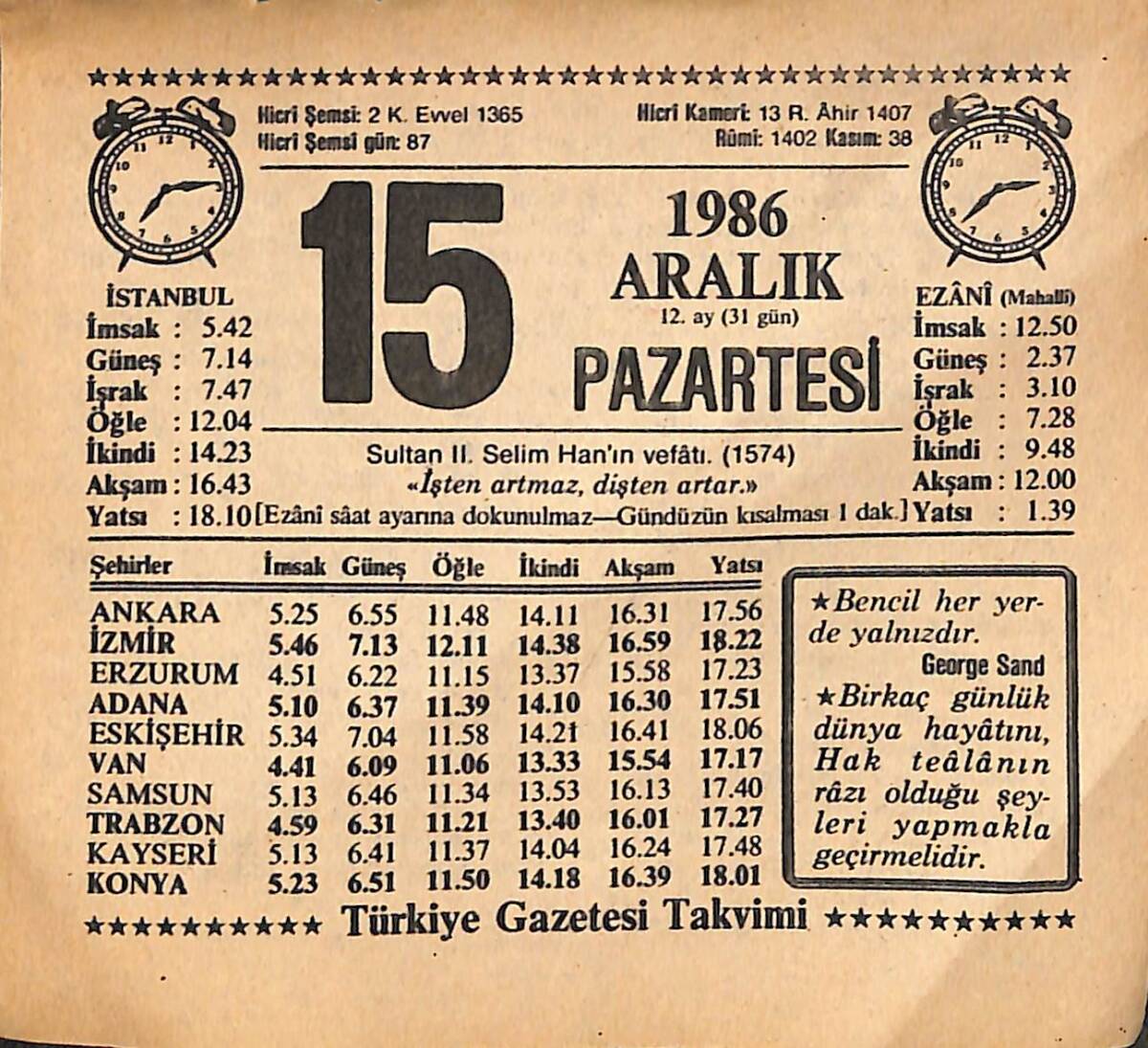 15 Aralık 1986 Takvim Yaprağı - Doğum Günü Hediyesi EFMN14858 - 1