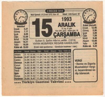 15 Aralık 1993 Takvim Yaprağı EFM(N)4236 - 2