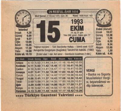 15 Ekim 1993 Takvim Yaprağı EFM(N)3171 - 3