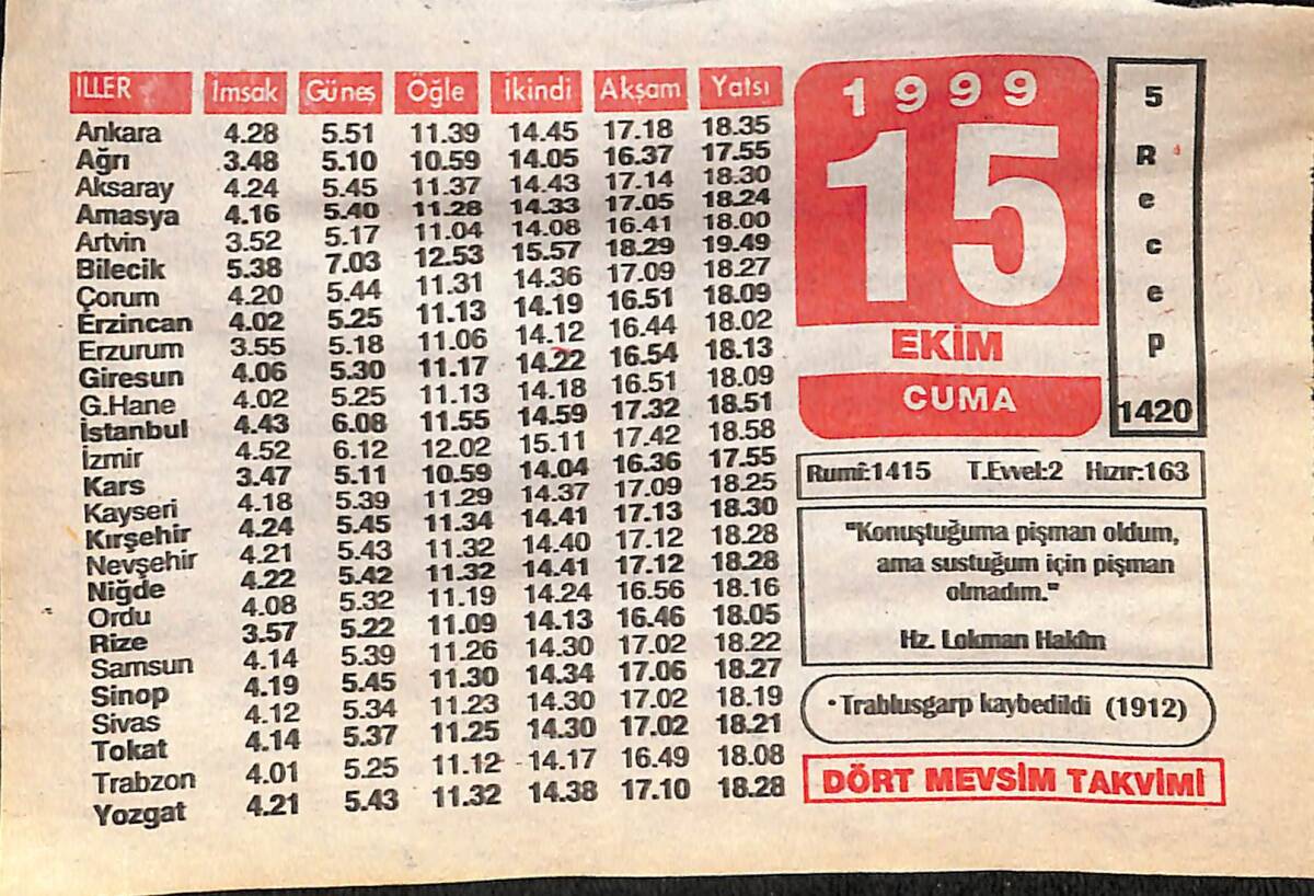 15 Ekim 1999 Takvim Yaprağı - Doğum Günü Hediyesi EFMN14072 - 1