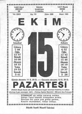 15 Ekim 2001 Takvim Yaprağı - Doğum Günü Hediyesi EFM(N)10482 - 2