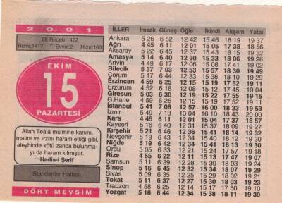 15 Ekim 2001 Takvim Yaprağı EFM(N)3736 - 1