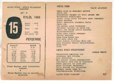 15 Eylül 1960 Ajans Türk Takvim Yaprağı (Şiirli Saatli) EFM(N) 1722 - 4