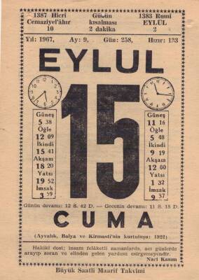 15 Eylül 1967 Takvim Yaprağı EFM(N)3621 - 2