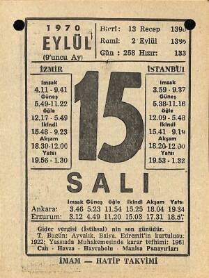 15 Eylül 1970 Takvim Yaprağı - Doğum Günü Hediyesi EFM(N)9891 - 1