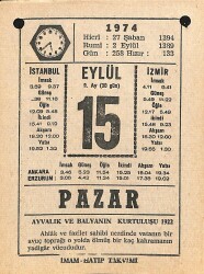 15 Eylül 1974 Takvim Yaprağı - Doğum Günü Hediyesi EFM(N)12344 - Gökçekoleksiyon
