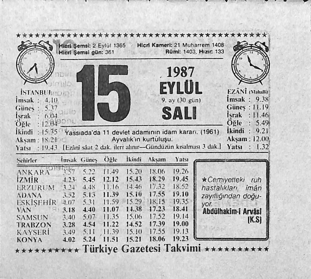 15 Eylül 1987 Takvim Yaprağı - Doğum Günü Hediyesi EFMN13950 - 1