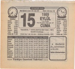 15 Eylül 1989 Takvim Yaprağı EFM(N)2853 - 3