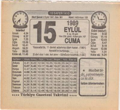15 Eylül 1989 Takvim Yaprağı EFM(N)2853 - 2